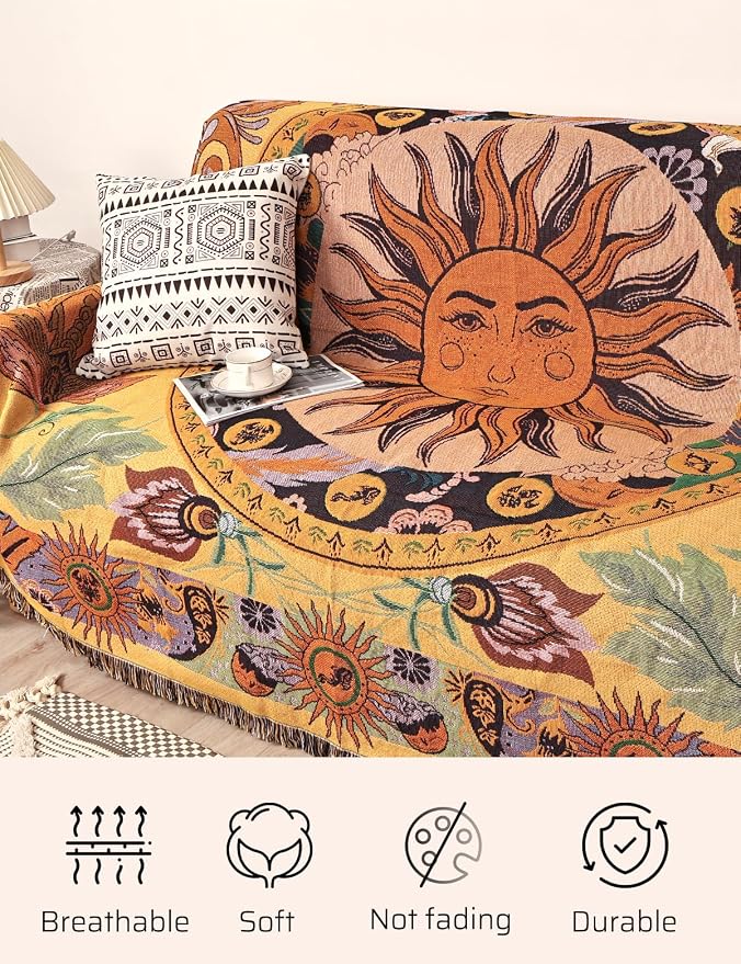 Boho Throw Blanket for Bed Couch Sofa Reversible Cotton Bohemian Travel Boho QuiltMexican Muslin Blanket Tapestry Hippie Room Decor Outdoor Blanket Double Sided (Sun Pattern Yellow 70"x90")