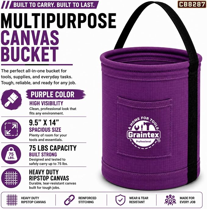 Graintex Canvas Utility Bucket 9.5"x14", Round Tool Bucket, Reinforced Base & Carry Handle, Ripstop Canvas, Ideal Multi-Purpose Bag for Jobsite, Gardening, Home Use, Tool Storage - Purple