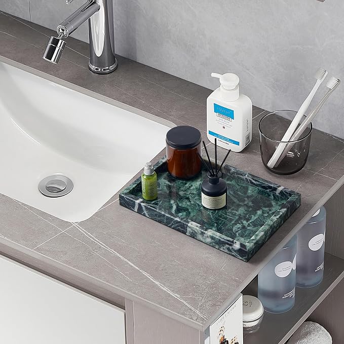 Real Natural Marble Tray for Bathroom, Vanity, Kitchen and Desktop, Rectangle Genuine Marble Stone Tray for Jewelry, Cosmetics, Candles, Lotion, Perfume (Snowflake-Green, 12" x 8" x 1.2")