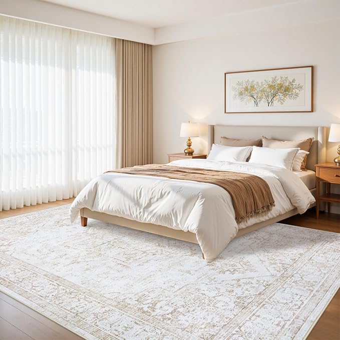 10x14 Washable Area Rugs for Living Room Beige Non-Slip Rug | Vintage Medallion Rug，Soft Low Pile Large Rugs，Indoor Retro Carpet for Bedroom Nursery Dining Table Farmhouse Home Office