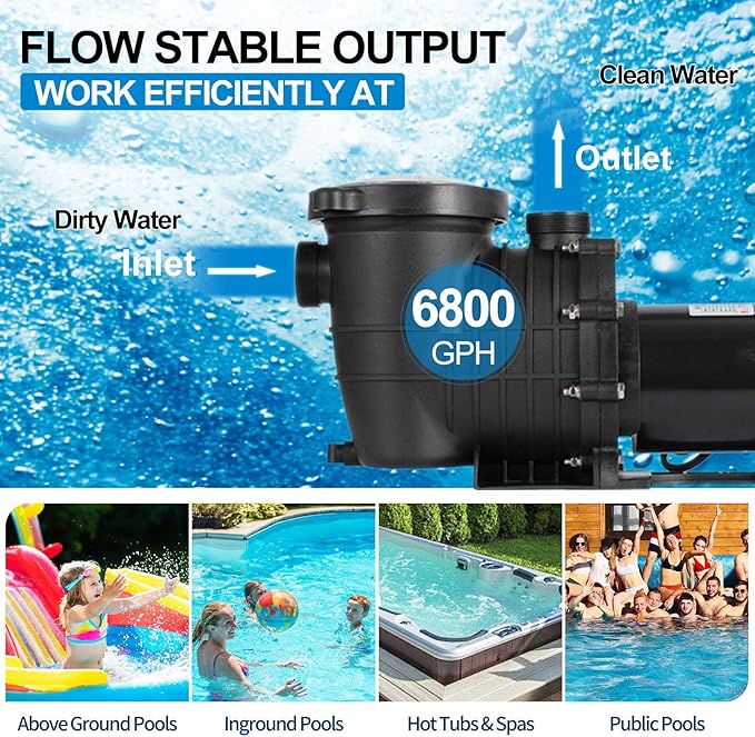 Leomru 2 HP Pool Pump 6800 GPH Self Priming in/Above Ground Swimming Pool Pump 110V/220V Dual Voltage Single Speed Pumps with Strainer Basket 6Pcs Connectors
