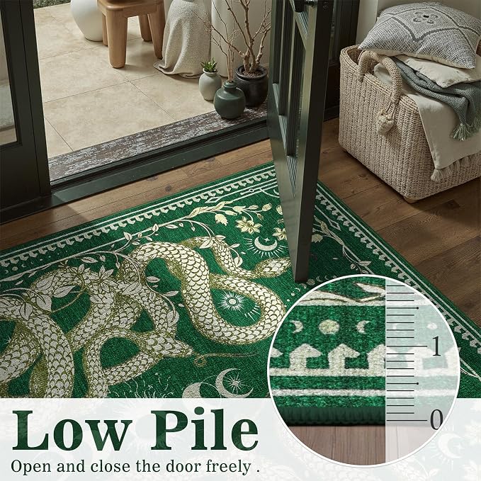 DCX 2x6 Washable Snake Rug for Living Room, Non Slip Low Pile Rug, Green | Rugs for entryway, kitchen, dining room, office, soft, kid & pet friendly, sain resistant indoor carpet, home decor