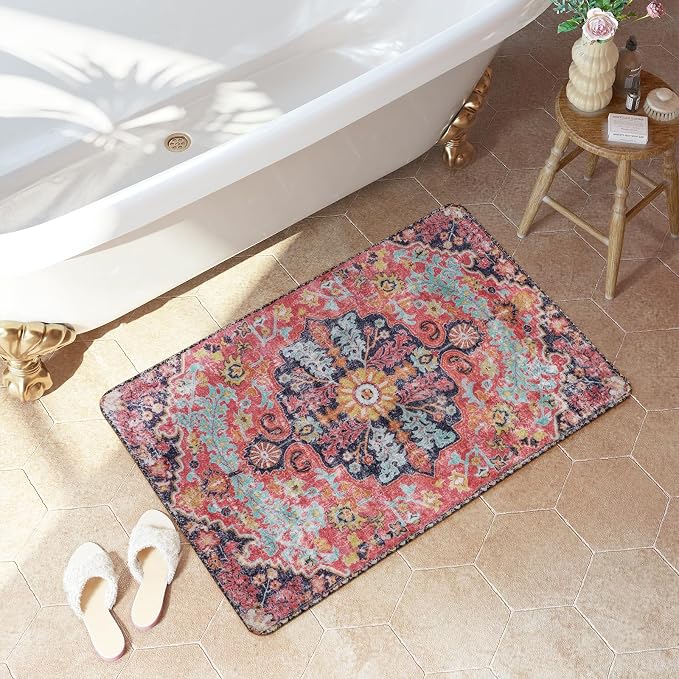 Lahome Bohemian Floral Medallion Area Rug - 2x3 Small Hot Pink Bath Rug Kitchen Sink Mat, Machine Washable Non-Slip Soft Indoor Carpet for Doormat Bedside Apartment Entrance, Fuchsia/Multi