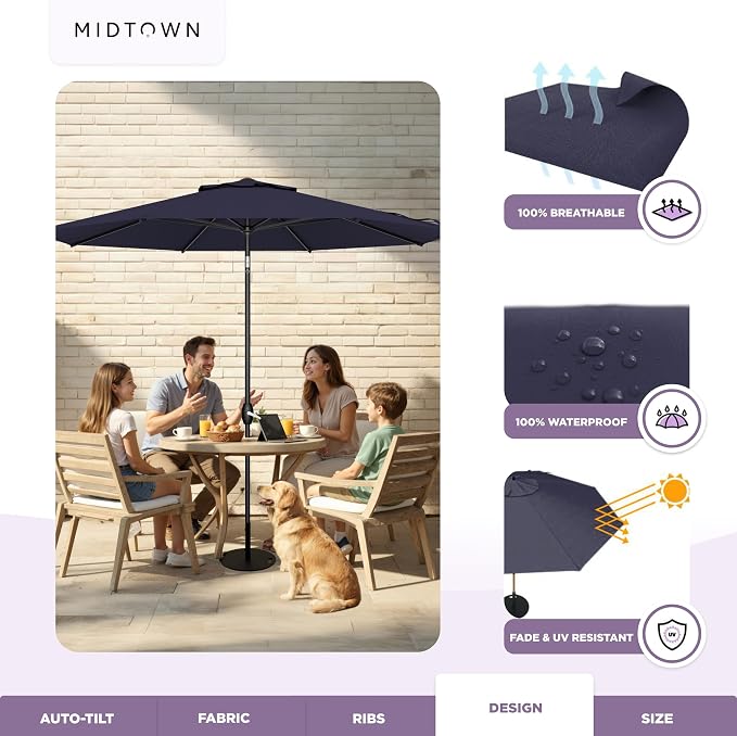 Midtown Umbrellas - 10-Year-No-Fade 6 Ft Patio Umbrella with Terylast Fabric, Auto-Tilt Aluminum Frame and 8 Reinforced Ribs for Deck, Pool, Garden & Beach - Navy Blue Canopy, Black Pole