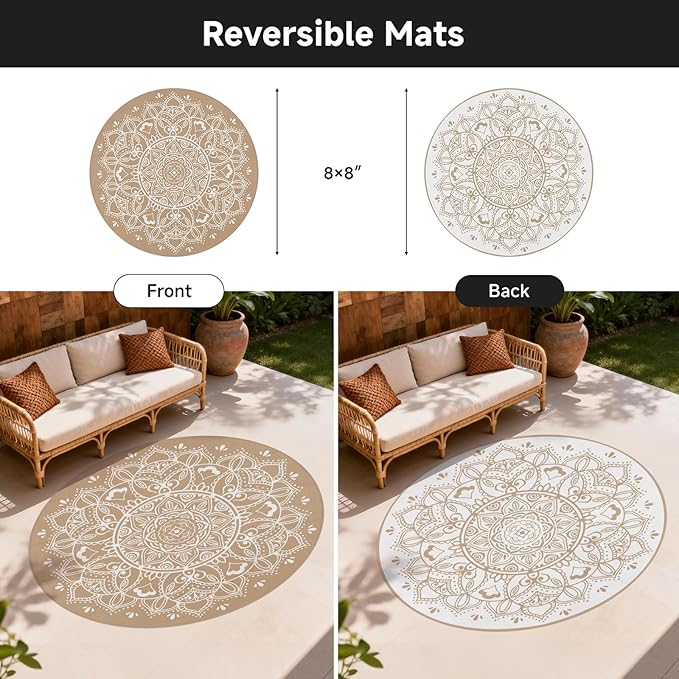 Pauwer Waterproof Outdoor Rug 8ft, Reversible Plastic Straw Patio Camping Rug, Indoor Outdoor RV Mat Carpet for Deck, Camper, Porch, Balcony, Backyard, Picnic, Floral Brown