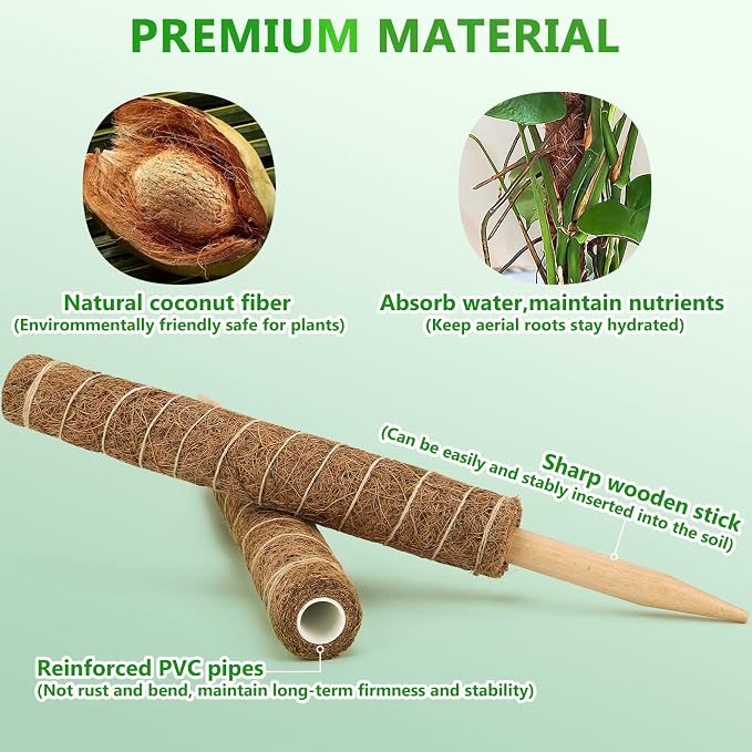 Moss Pole 68 Inch, 6 Pack Plant Moss Pole for Plants Monstera, 15.6 Inch Coir Totem Sticks for Climbing Support Extension Indoor Sticks with 65 Feet Garden Twist Tie