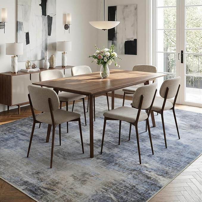 Modern Abstract Washable Area Rug for Bedroom 5x7, Soft Non-Slip | Low Profile Rugs for Living Room, Cool Floor Carpet for Mid-Century, Farmhouse, Vintage Home Decor, Misty Blue Beige Gray