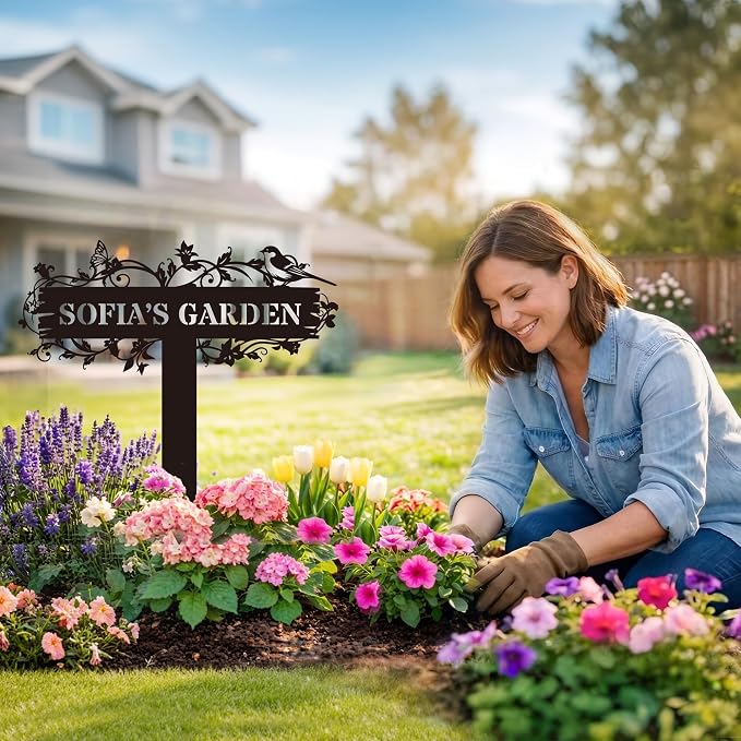 Personalized Garden Sign with Flower Design, Garden Stake with Bird, Custom Garden Gift, Flower Garden Decor, Custom Name Mother Gift