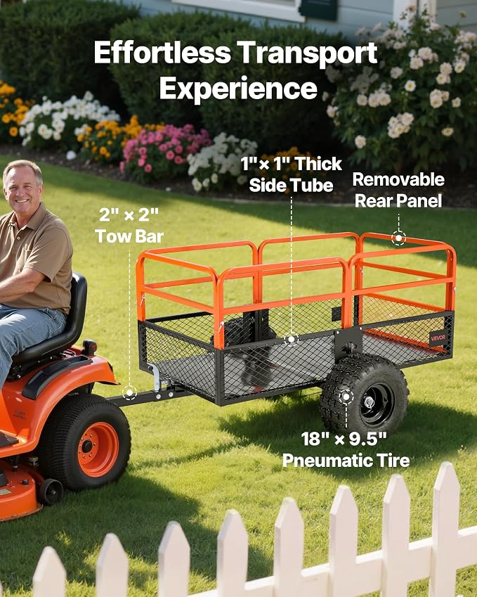 VEVOR 28 Cu.Ft 1800Lbs Steel ATV UTV Trailer Tow Behind Dump Cart, Heavy Duty Pull Behind Utility Dump Trailer for Lawn Mower Trailer Tractor Garden Yard with Removable Rear Panel
