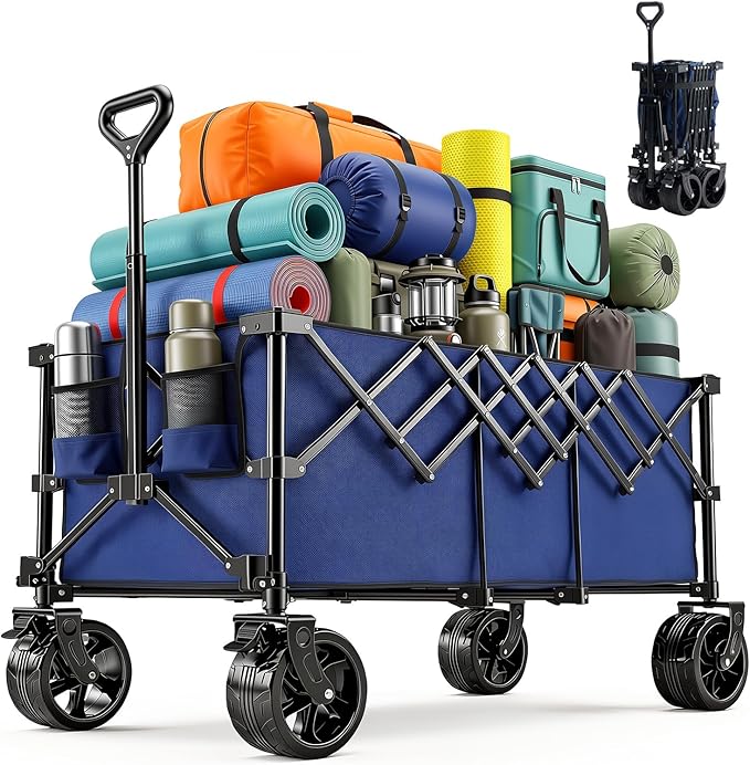 OLIXIS Collapsible Wagon Cart - 440lbs Foldable 49" Extra Long Heavy Duty Utility Wagon with Wheels, Portable Storage Grocery Cart for Camping, Shopping, Sports, Beach, Garden, Blue
