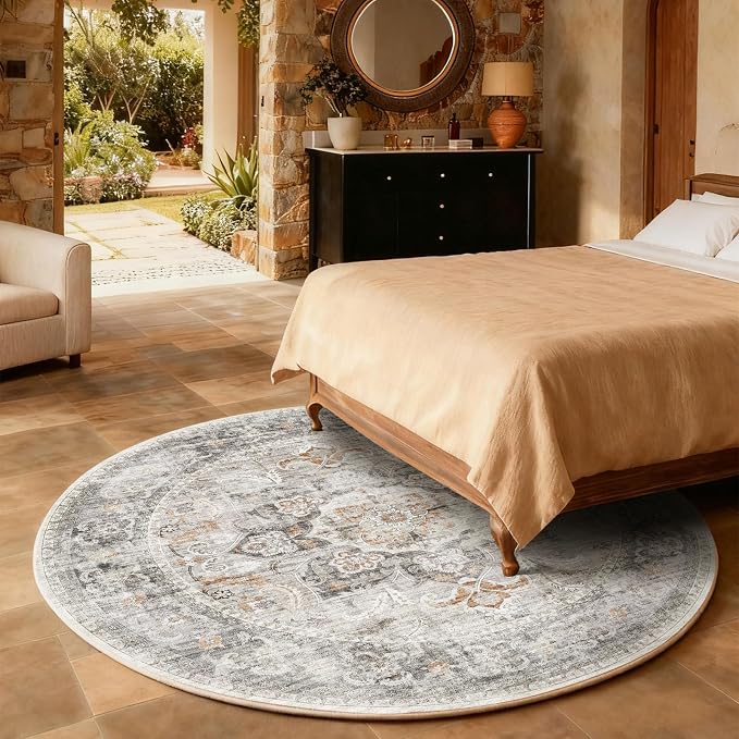 4ft Washable Round Rugs for Bedroom: Circle Living Room Rug Boho Vintage Non Slip Low Pile Soft Faux Wool Non Shedding Small Carpet for Kitchen Entryway Bathroom Bedside Office Dorm Farmhouse Indoor