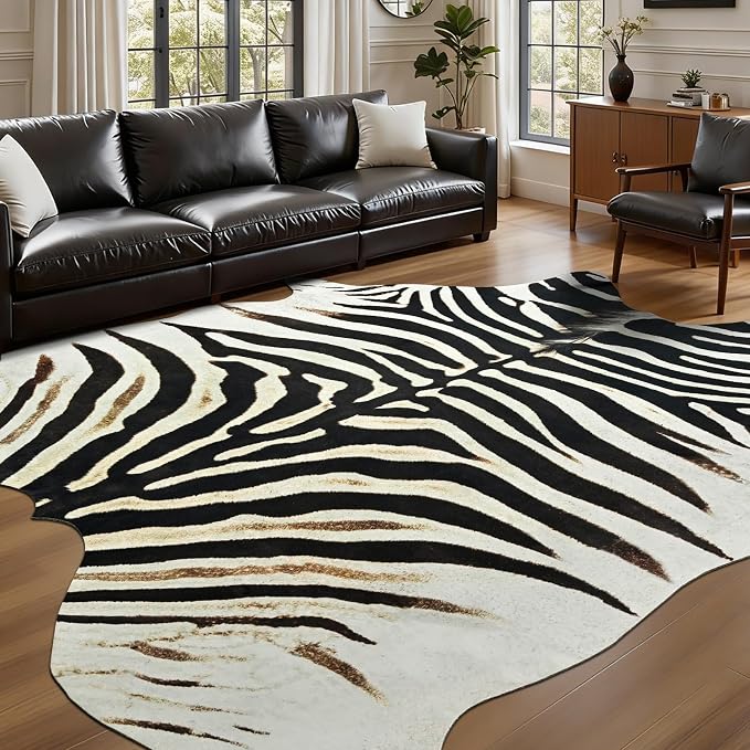 BENRON Zebra Rug, Animal Print Rug for Living Room Bedroom 6.2x7ft | Western Faux Zebra Print Rug, Animal Skin Carpets, Non-Slip Throw Rug for Home Decor, Black and Brown, Ivory