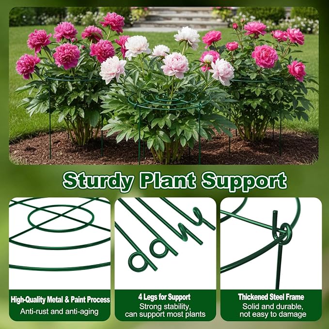 5 Pack Metal Peony Cages and Supports with 20 Plant Twist Clip Ties, Plant Support Stakes for Indoor Outdoor Plants, Tall Plant Holder Stick Kit, Plant Support Ring for Peony, Rose,Tomato, Hydrangea