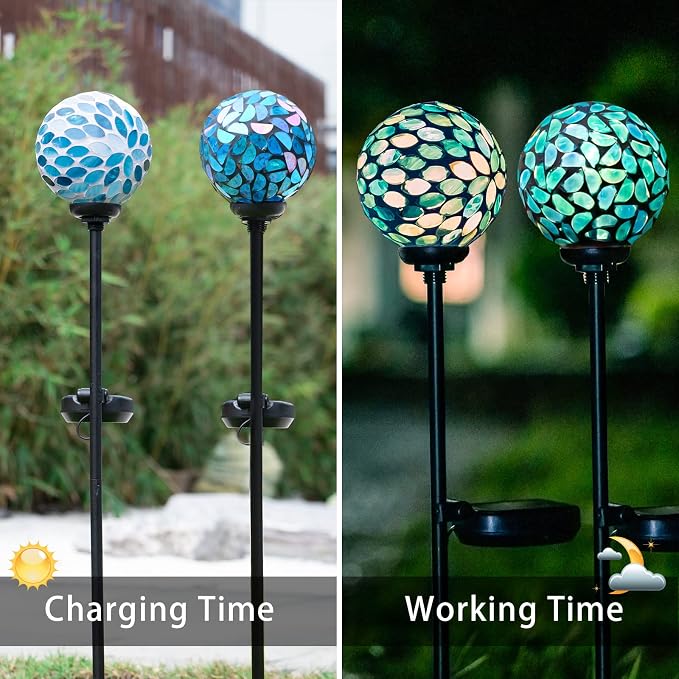 VCUTEKA Decorative Solar Garden Lights, 3.5" Mosaic Globe Stake 2 Pack | Mosaic Glass Design, Solar LED Light, Weather Resistant, Auto On/Off and Metal Stake Design for Lawn and Patio