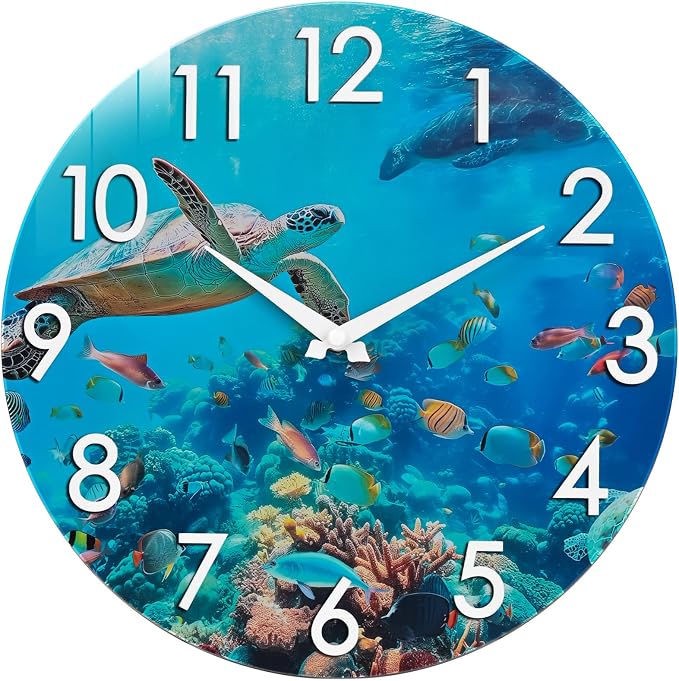 Crosstime 12 Inch Outdoor Clock – Waterproof Tempered Glass with Sea Turtle & Marine Life Theme, UV Resistant, Silent Nautical Coastal Decor Wall Clock for Patio, Pool, Garden, Backyard, Bathroom