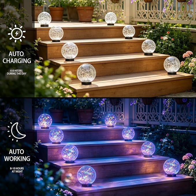 HOTEAGLE Solar Globe Lights Outdoor Waterproof-Large 2-Pack LED Solar Balls Lights for Outside Garden-Cracked Glass Ball Solar Lights for Garden Patio & Lawn Backyard Decor (Polychrome, 5.9 inch)