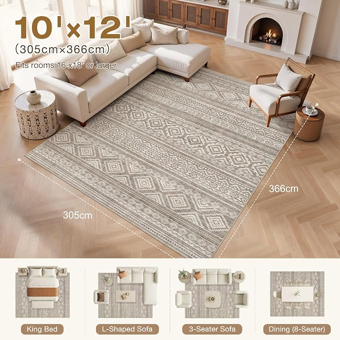 cotiled Boho 10x12 Area Rug for Living Room: Large Moroccan Washable Rug | Solve Modern Neutral Trendy Home Decor - Stain Resistan Carpet for Bedroom Farmhouse Coffee Brown