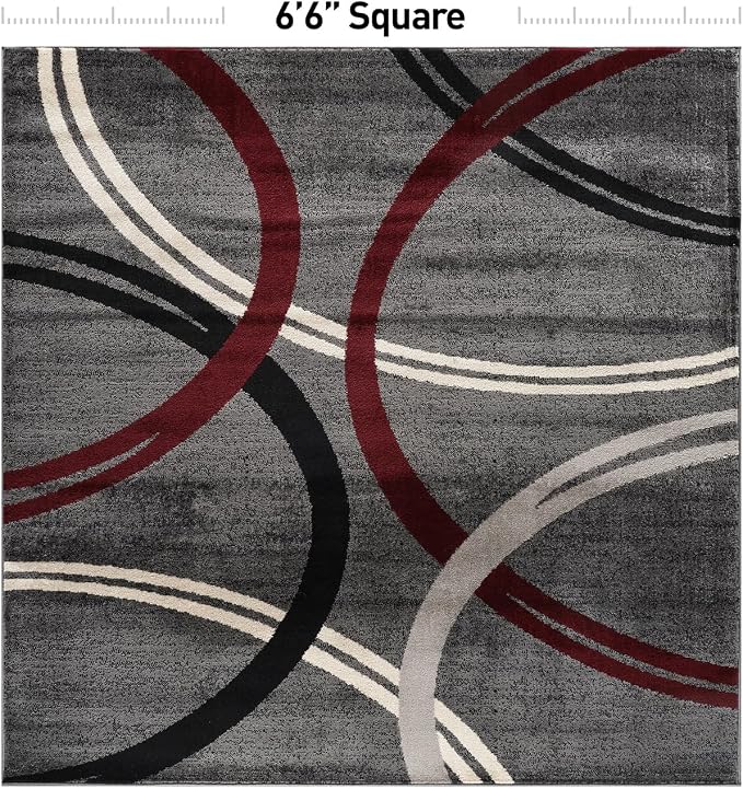 Rugshop Wavy Circles Modern Non-Shedding Square Rug Red 6'6" x 6'6" | Square, Size 6'6" x 6'6", Living Room, Bedroom, Dining Room, Home Office, Kitchen, Entryway, Hallway, Nursery, Kids Room