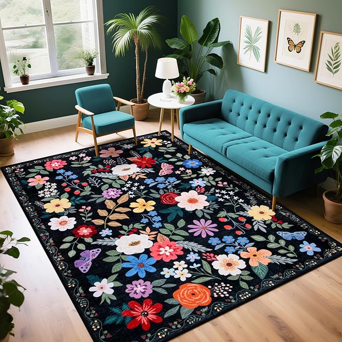 PLHXFR Area Rug Living Room: 4x6 Floral Washable Boho Soft Carpet Black | For Bedroom Dining Room Farmhouse Nursery Hallway,Vintage Floral,Machine washable,Non Slip,Stain Resistant,Large Indoor