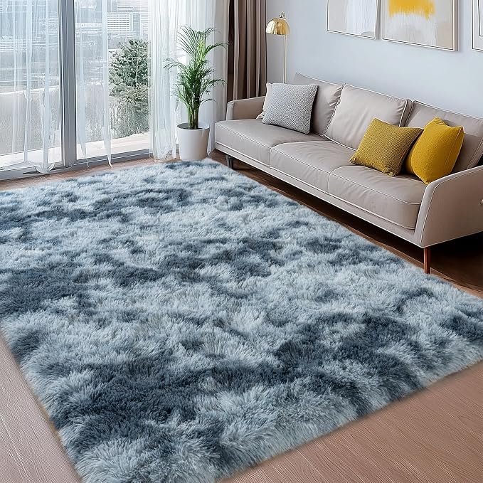 10x14 Large Fluffy Area Rugs for Living Room, Tie-dye Blue Grey | Upgrade Non-slip, Washable, Flame Resistant, High Pile Big Shag Rug Plush Carpet for Bedroom Kids Room Dorm Home Decor