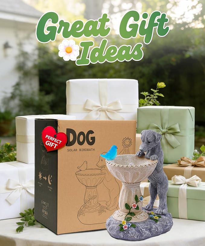 Nacome Solar Dog Statues for Garden Decor: IP65 Waterproof Resin | Outdoor Yard Patio Balcony Front Decorations, Birthday Gifts for Bird Lovers Mom Grandma Women, Automatic Warm LED Light