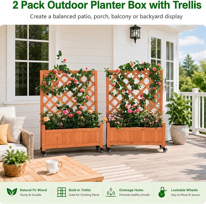 2 Pack Trellis Raised Garden Bed with Wheels, 38" Tall Wooden Planter Box with Trellis, Lattice Privacy Screen with Drainage Holes for Patio Balcony Garden