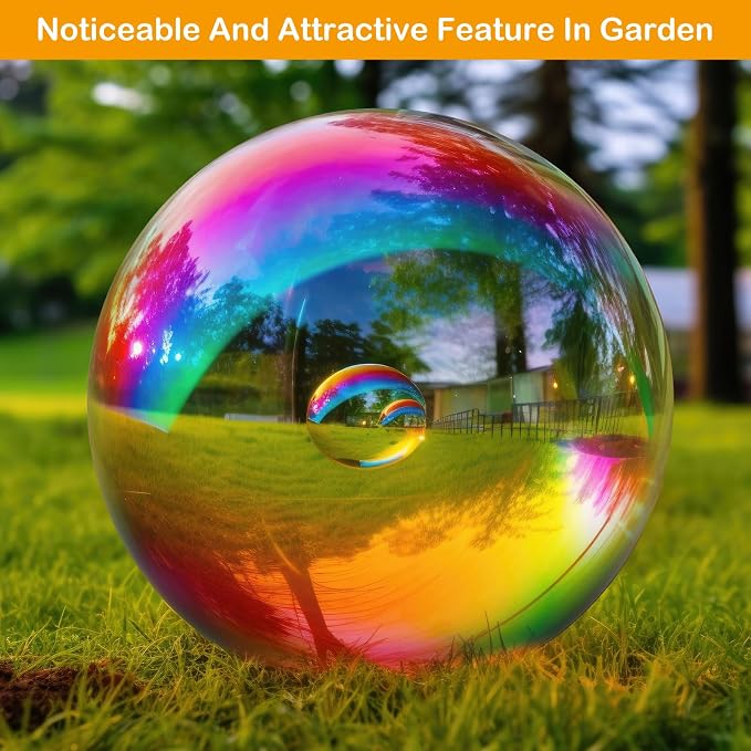 Suzile 2 Pieces Gazing Ball Hollow Gazing Mirror Ball Stainless Steel Garden Globe Gazing Globe Mirrored Surface Polished Ornament Sphere for Garden Outdoor Pool Yard Pond Lawn Home (Rainbow,10 Inch)