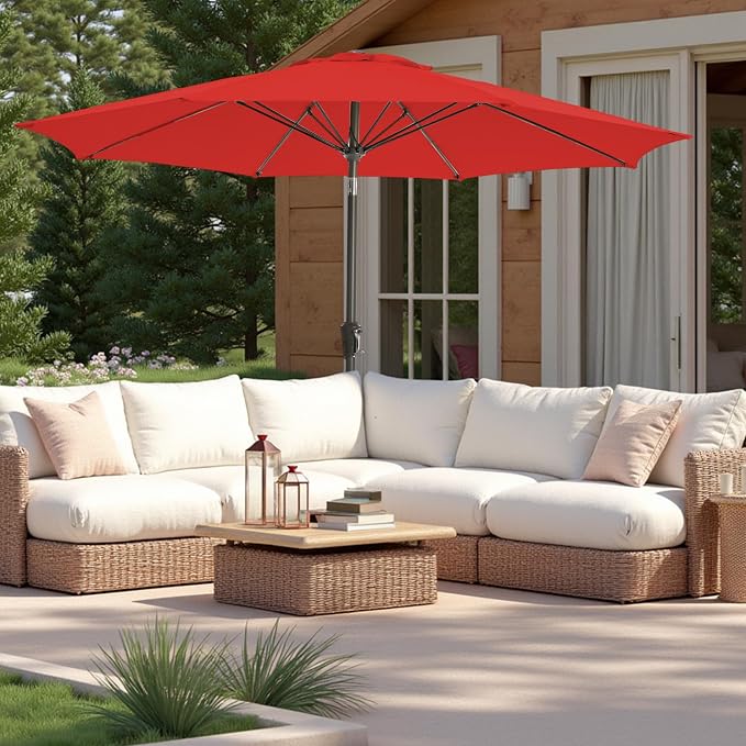 9FT Large Outdoor Patio Umbrella Pool Market Umbrella-UV Resistant, Easy Push Button Tilt and Crank, 8 Sturdy Ribs Heavy-Duty Table Umbrella for Deck, Backyard, Garden(Red)