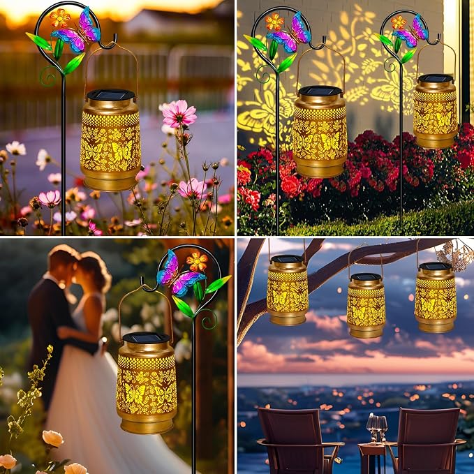 2 Packs Butterfly Solar Lanterns Outdoor Waterproof with Shepherd Hook,Garden Lights Butterfly Decor,Christmas Decorations Birthday Gifts for Women Mom,Hanging Solar Lights Decorative for Patio,Porch