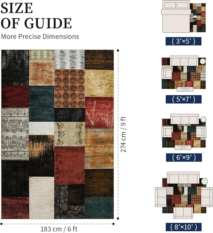 Mid Century Modern Cowboy Area Rug 6x9 for Living Room,Retro Patchwork Rug Non Slip,Red and Brown Floral Farmhouse Rugs Washable, Geometric Boho Area Rug for Kitchen,Dining Room,Bedroom