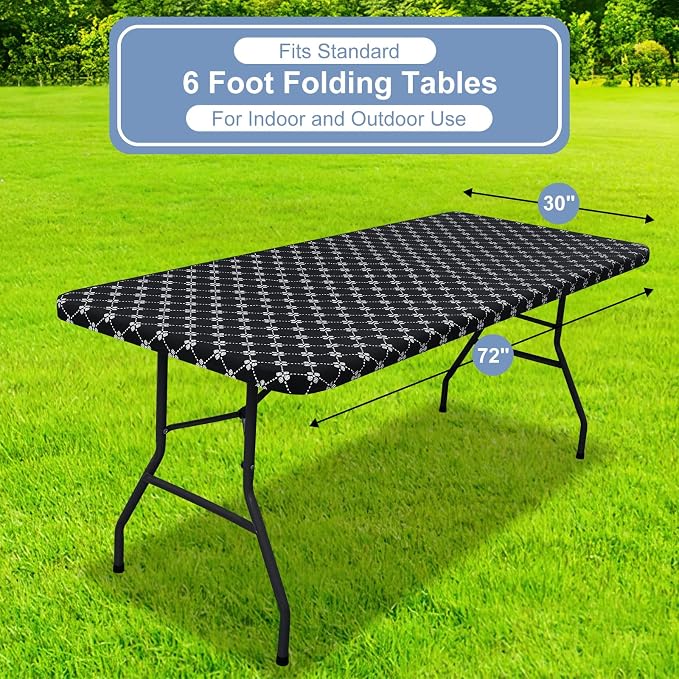 misaya Rectangle Vinyl Table Cloth, Elastic Fitted Tablecloth with Flannel Backing, 6 Foot Waterproof Plastic Table Cover for Picnic, Camping, Indoor and Outdoor (Black, 30" x 72")