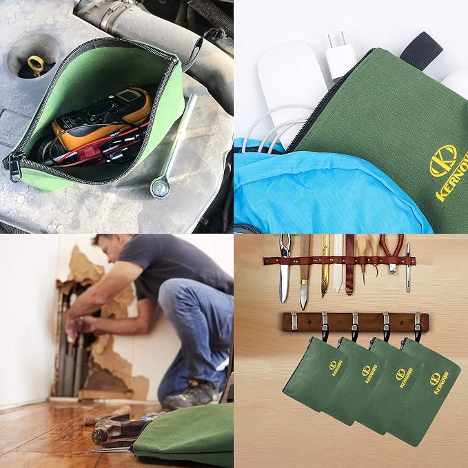 Premium Canvas Tool Pouch Zipper Bag,Small Tool Bag,Multipurpose Storage pouch(4Pack 7.5/9.5/11.5/13inch 20oz Water Resistant Heavy Duty Army Green Flat Bottom Tool bag with Dependable Zipper)