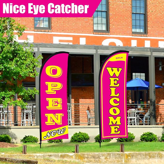 Buryeah 2 Sets Now Open Flag Banner for Business Advertising 7 ft Feather Flag Sign with Flagpole Ground Stake Portable Bag (Hot Pink)