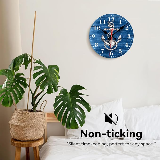 Wall Clock, Nautical Anchor on Blue Wood Silent Non Ticking Battery Operated Round Decorative Indoor Outdoor Clocks for Living Room Kitchen Bedroom Bathroom Patio 12"