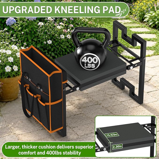 Qatsrin Portable Foldable Garden Kneeler and Seat, Heavy Duty Garden Bench Chair with Wider Thicker Soft Kneeling Pad, Gardening Stool with Tool Bag, Gardening Gifts for Women Seniors Parents, Black