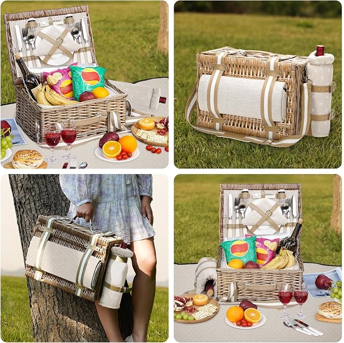 G GOOD GAIN 31Pcs Picnic Basket for 4 - Wicker Picnic Set with Waterproof Blanket & Wine Bag| Large Picnic Hamper with Insulated Cooler & Cutlery Kit for Couples Camping,White Flower,16x12x7.5inch