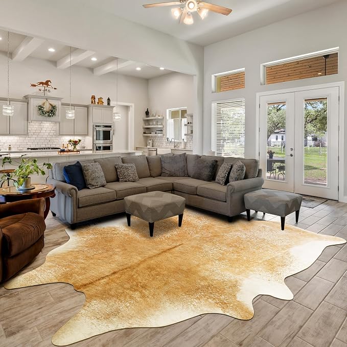 Washable Cowhide Rug for Living Room, Large 6x7 Khaki Faux Cow Print Area Rugs, Non Slip Animal Skin Bedroom Carpet, Rustic Western Home Decor Fake Hide Floor Mat for Office Fireplace