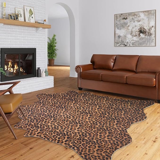 Leopard Rug 7.6x6.2 ft Cheetah Print Cowhide Rug Animal Rugs for Living Room Bedroom Dinning Room Nonslip Faux Cow Hide