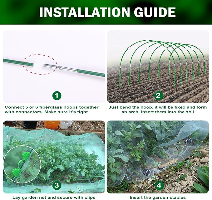 Garden Mesh Netting Kit, 10x30FT Green Ultra Fine Netting & 6 Sets 8FT Fiberglass Garden Hoops with Stake, Garden Netting with Frame for Raised Beds, Garden Hoops and Netting, Row Cover, Plant Barrier