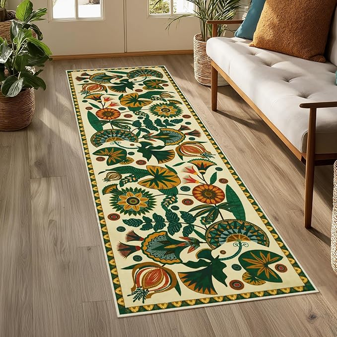 Joydeco Egypt Floral Washable 2x6 Rug Runners for Hallways Entryway Kitchen | Boho Botanical Colorful Non Slip Stain Resistant Low Pile Flower Indoor Carpet Runner for Entry Laundry Room Bathroom, Beige