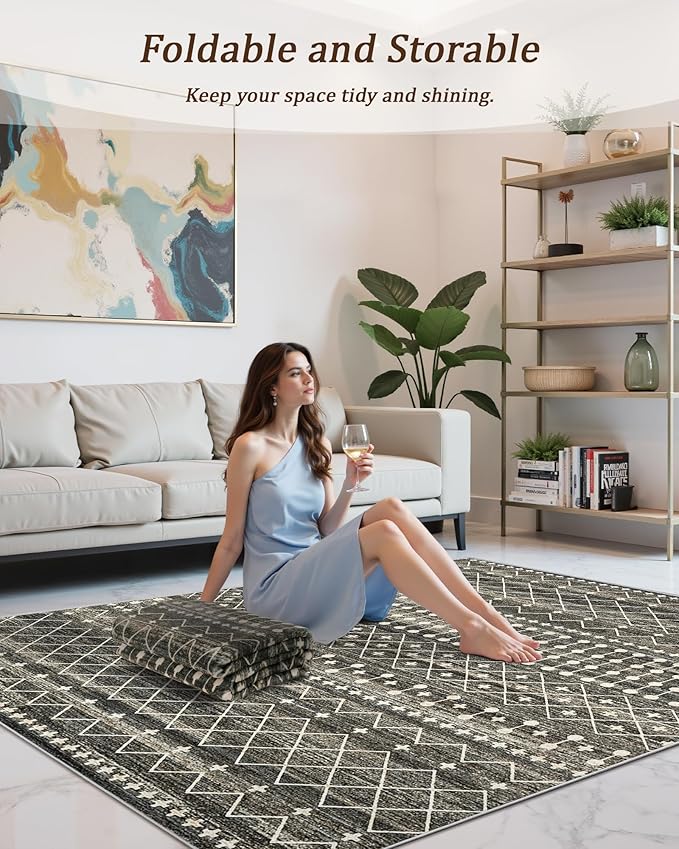 Miukiki 9x12 Area Rug for Living Room, Washable Non Slip Moroccan Rug Black | Large Soft Rug for Kitchen Bedroom Dining Room Office, Low Pile Indoor Floor Carpet Home Decor 9'x12'