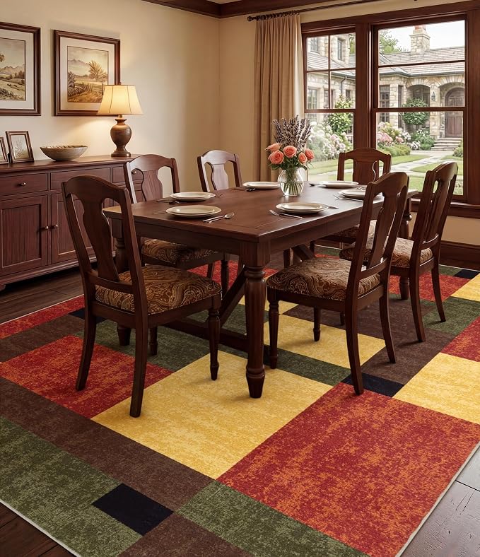 Red and Green Rug 8x10, Burgundy Farmhouse Vintage Rugs Washable for Living Room,Burnt Orange Area Rug Non Slip,Geometric Boho Area Rug for Kitchen,Dining Room,Bedroom
