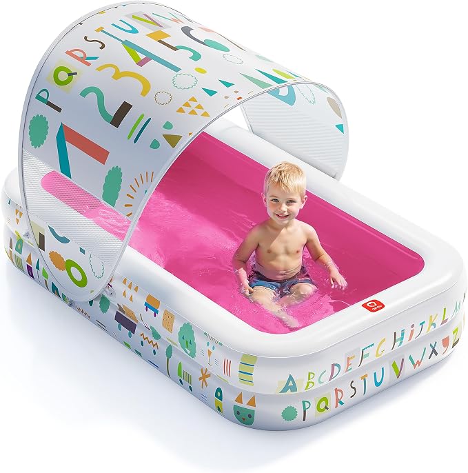 QPAU Baby Pool with Canopy, Inflatable Design, 65 x 39 in, Pink | Inflatable Design with Soft Cushioned Floor, Converts to a Ball Pit for Kids and Toddlers, for Indoor and Backyard Play