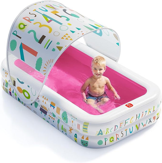 QPAU Baby Pool with Canopy, Inflatable Design, 65 x 39 in, Pink | Inflatable Design with Soft Cushioned Floor, Converts to a Ball Pit for Kids and Toddlers, for Indoor and Backyard Play