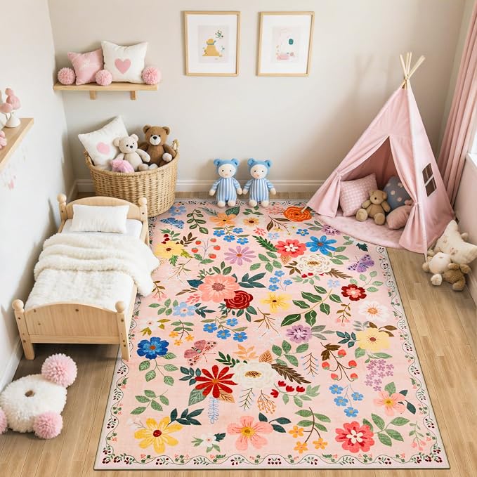 PLHXFR 6x9 Area Rug Living Room: Floral Washable Boho Soft Carpet Beige | For Bedroom Dining Room Farmhouse Nursery Hallway,Vintage Floral,Machine washable,Non Slip,Stain Resistant,Large Indoor