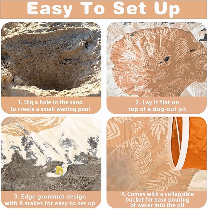 Baby Beach Pool, 2-in-1 Waterproof Beach Blanket & Kiddie Pool, 6.5 x 6.5 Feet Portable & Foldable for Beach with Collapsible Water Bucket, Stakes, Easy to Set up & Clean (Terracotta)