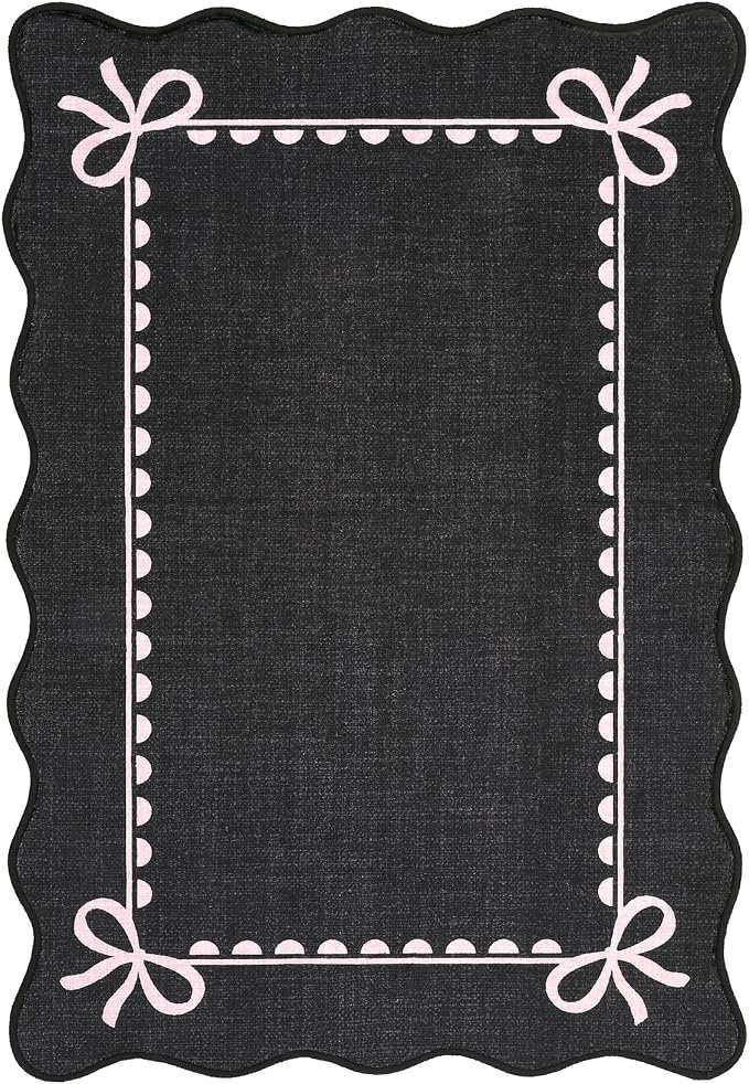 GarveeHome Scalloped Bow Rug 6x9 Washable Rug for Living Room, Black Pink | Non Slip Soft Low Pile Indoor Large Carpet for Nursery Girls Bedroom Decor Hallway Kids Room College Dorm Playroom