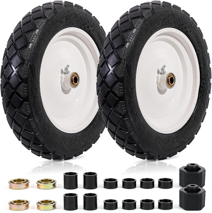 MZREXN 4.80/4.00-8" Flat Free Tire and Wheel 15" Wheelbarrow Tires | 3.00-4.00/4.80-8" Solid Tire with 5/8" & 3/4" Bearings, 3" Centered Hub for Hand Truck Garden Trailers 2PCS White