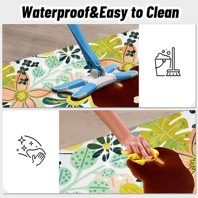 Tyrot Boho Floral Kitchen Mats Rugs Sets of 2 Cushioned Anti Fatigue Floor Mat Foam Comfort Kitchen Rugs Farmhouse Style Non Slip Waterproof Mid Century Botanical Standing Mat for Sink Laundry