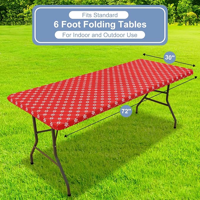 misaya Rectangle Vinyl Table Cloth, Elastic Fitted Tablecloth with Flannel Backing, Waterproof Plastic Table Cover Fits 6 Foot Folding Tables for Picnic, Camping, Indoor and Outdoor (Red, 30" x 72")